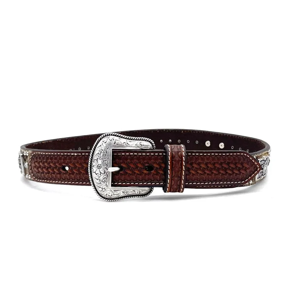 Nocona Brown Tooled Leather Belt Hair-On Cowhide Rhinestone Boho Western Size 28